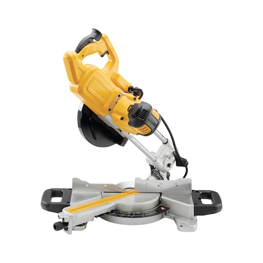 A DEWALT DWS773 yellow and black electric mitre saw with a silver base and ruler, shown against a white background.