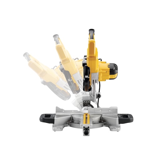 Front view of a DEWALT miter saw for woodworking, showing the blade and arm mechanism in multiple tilted positions against a white background.