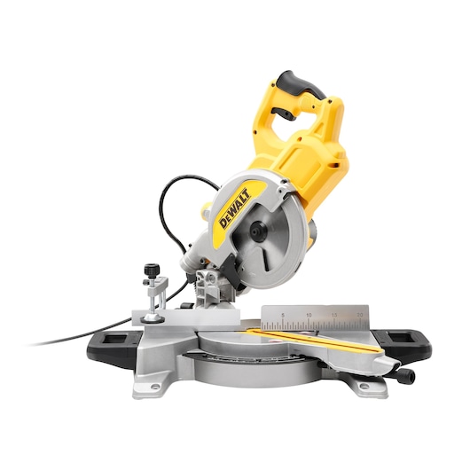 DEWALT DWS777 yellow and black mitre saw for woodworking, with ruler and adjustable base.