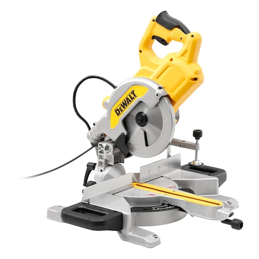 DEWALT DWS777 miter saw in yellow and silver with measuring scale and power cord, designed for precision wood cutting.