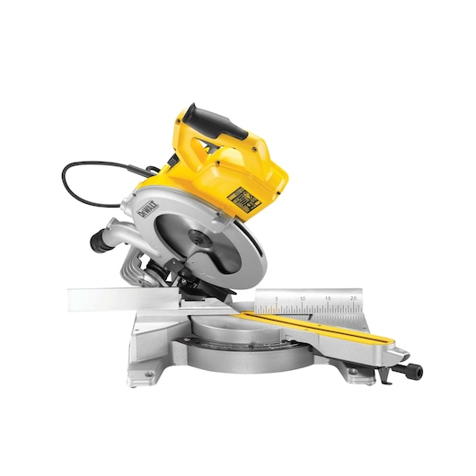 A DEWALT DWS778 sliding compound miter saw with a yellow and silver body, shown angled, featuring a measurement scale and a power cord.