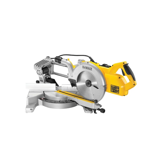 A DEWALT DWS778 sliding compound mitre saw with a yellow and silver body, used for making precise angled cuts in wood.