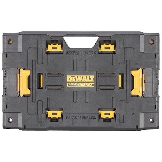 A DEWALT ToughSystem 2.0 black and yellow tool storage box, viewed from the top. The box features a sturdy design with latches and the DEWALT logo in the center.