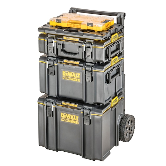 A stack of DEWALT ToughSystem 2.0 modular tool storage boxes on a rolling cart. The boxes are black with yellow accents and feature strong latches, handles, and wheels for portability.