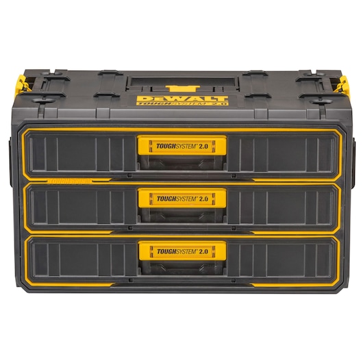 A DEWALT ToughSystem 2.0 storage box with three black and yellow drawers, designed for heavy-duty tool organization.