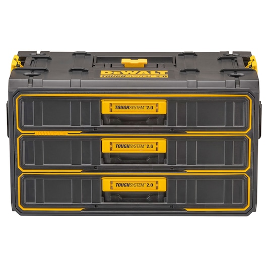 A DEWALT ToughSystem 2.0 tool storage box with three stacked drawers, featuring yellow handles and a black durable exterior.