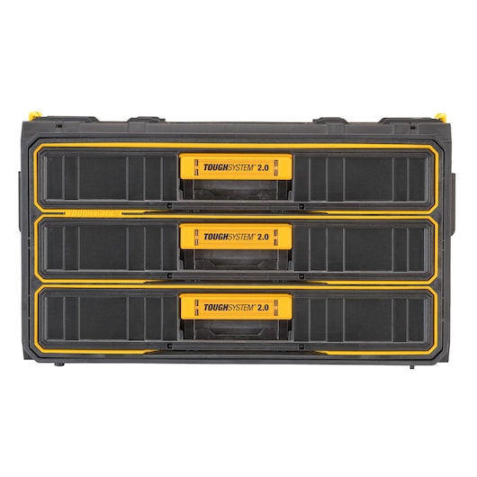 A DEWALT ToughSystem 2.0 stackable tool box with three black drawers featuring yellow handles.