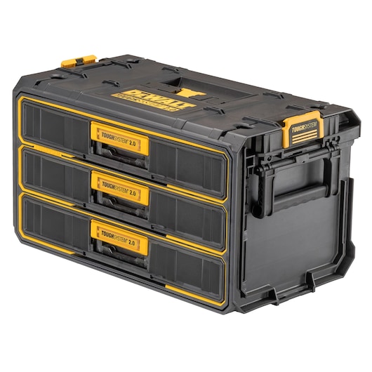 A DEWALT ToughSystem 2.0 black and yellow tool storage box with three drawers and a side handle.