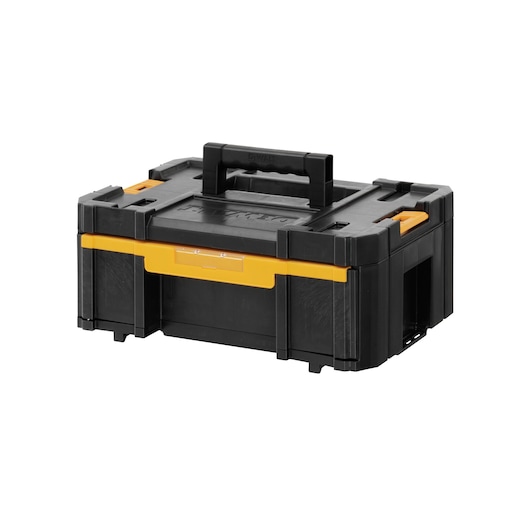 A black and yellow DEWALT plastic tool storage box with a central carrying handle and secure latches, shown against a white background.