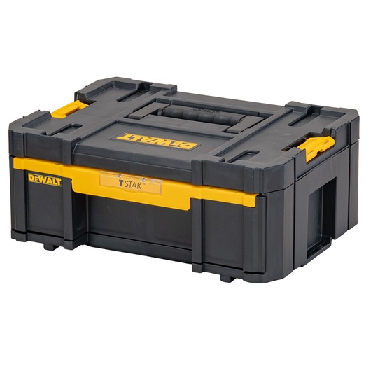 DEWALT TSTAK black and yellow tool storage box with handle and secure latches.