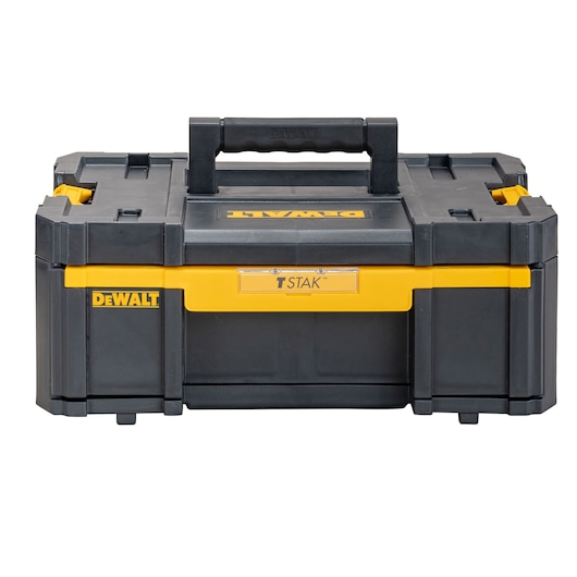 Front view of a DEWALT TSTAK black and yellow portable tool storage box with a sturdy handle on top and secure latches.