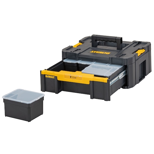DEWALT TSTAK storage box with a drawer open, showing smaller removable containers. One container is placed outside the main unit. The box is black with yellow accents and a handle on top.