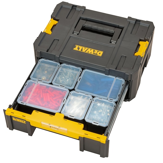 A DEWALT plastic organiser box with a carrying handle and yellow accents. The box has a sliding drawer open, revealing multiple small clear storage containers filled with assorted hardware items such as screws, bolts, and wall plugs in different colors.