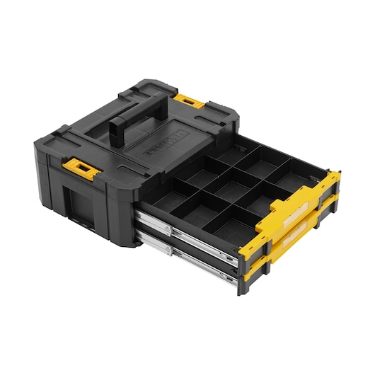 Black and yellow DEWALT toolbox with two open drawers and multiple compartments for storage.