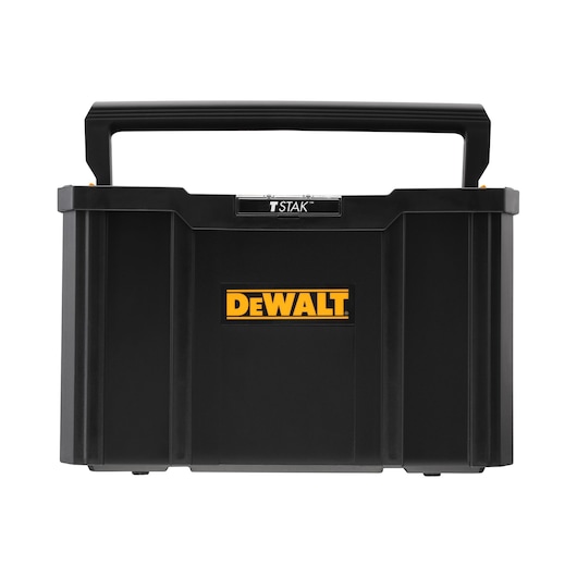 Black DEWALT TSTAK tool storage box with handle, sturdy design, shown against a white background.