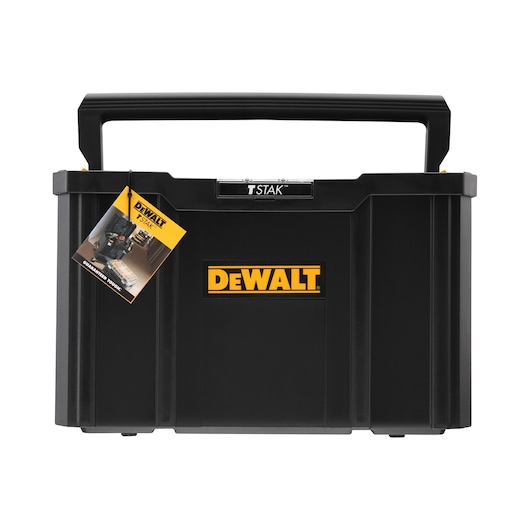 Black DEWALT TSTAK tool box with handle, yellow logo, and product tag attached to the front.