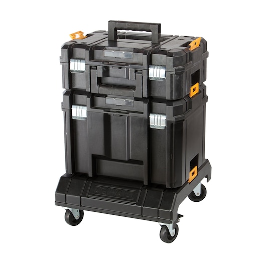Stacked DEWALT black toolboxes with handles and orange clips on a wheeled base for easy transport.