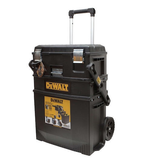 DEWALT rolling toolbox with handle, wheels, and stackable compartments for tool storage.