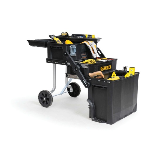 DEWALT rolling tool cart with multiple compartments, filled with assorted tools and accessories.
