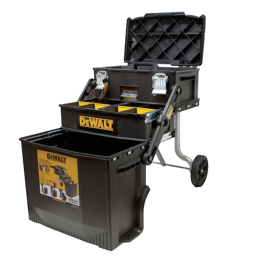 DEWALT mobile tool chest with open compartments, extendable handle, and wheels for easy transport.
