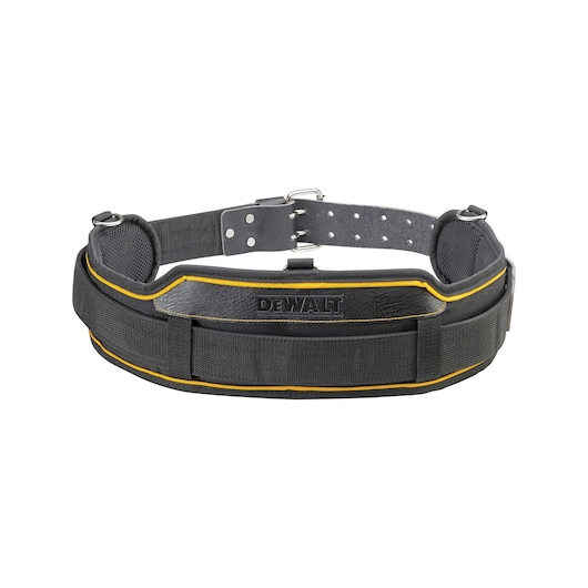 Black DEWALT padded belt with yellow trim, adjustable with metal buckle and loops for accessories.