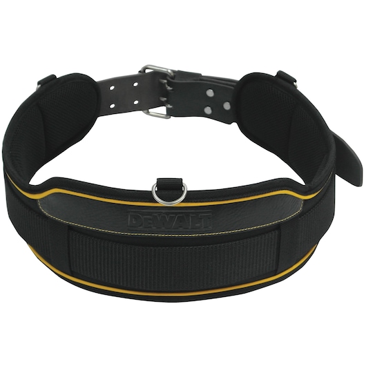 Black DEWALT padded work belt with buckle and yellow trim for tool carrying. Adjustable and durable design.