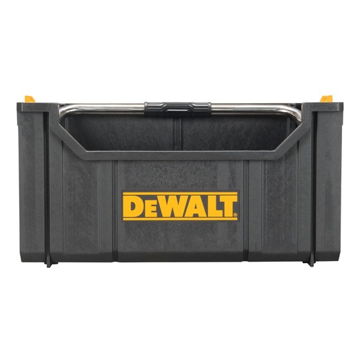 A black DEWALT open storage box with a metal handle, designed for organizing tools and equipment.