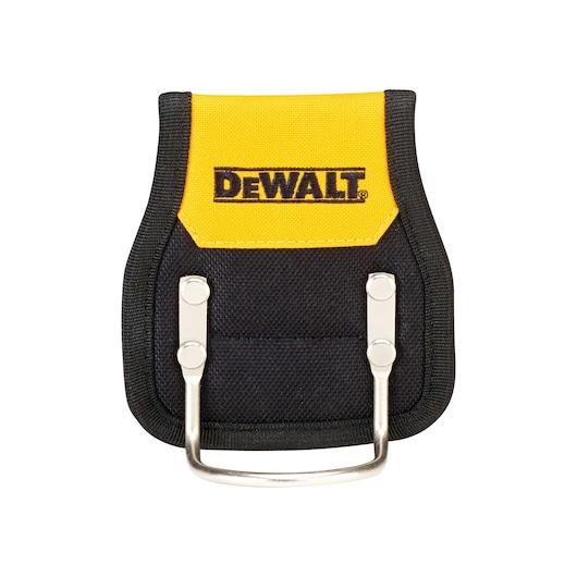 DEWALT tool holder with black and yellow fabric and metal hook for carrying tools on a belt.