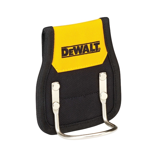 DEWALT black and yellow fabric hammer holder with metal loop for attaching tools.