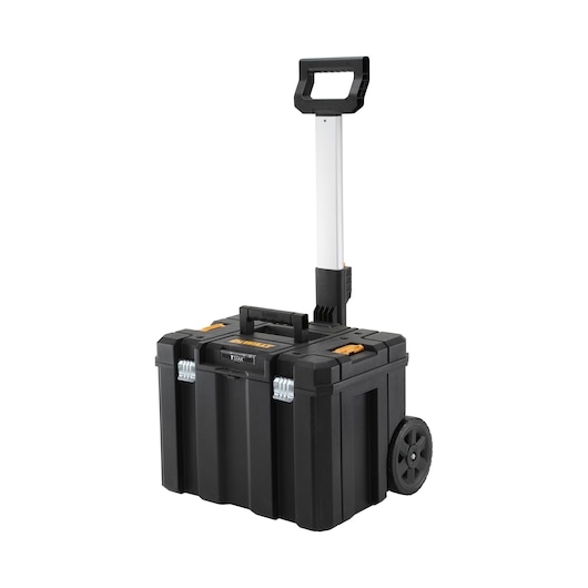 A black DEWALT rolling toolbox with a retractable handle and two wheels, designed for easy transportation of tools.