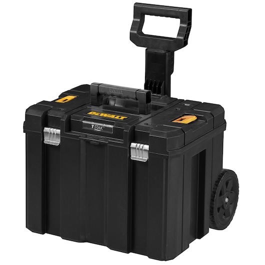 A black DEWALT rolling tool box with a telescopic handle and sturdy wheels, featuring secure metal latches and yellow accents on the lid.