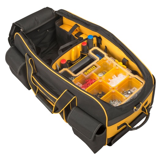 DEWALT tool bag with compartments for accessories and parts, shown open and organized.