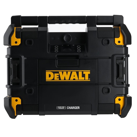 Front view of a black DEWALT portable charger case with yellow accents, featuring a handle on top and control buttons. The case is labeled 'DEWALT' and 'CHARGER.'