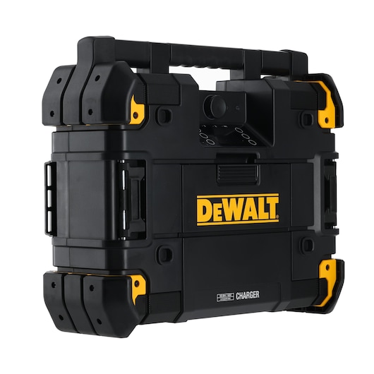 DEWALT black and yellow portable radio and charger with handle and rugged design.