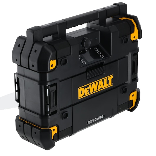 DEWALT portable radio charger with black and yellow design, sturdy handle and control panel on front.
