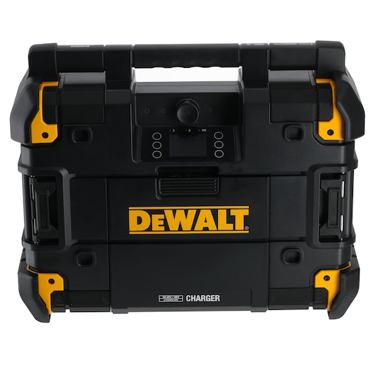 DEWALT black portable toolbox with built-in charger and yellow accents, front display panel, and sturdy handle.
