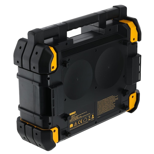 Black and yellow DEWALT hard case with handle, rugged construction and protective corners, rear view.