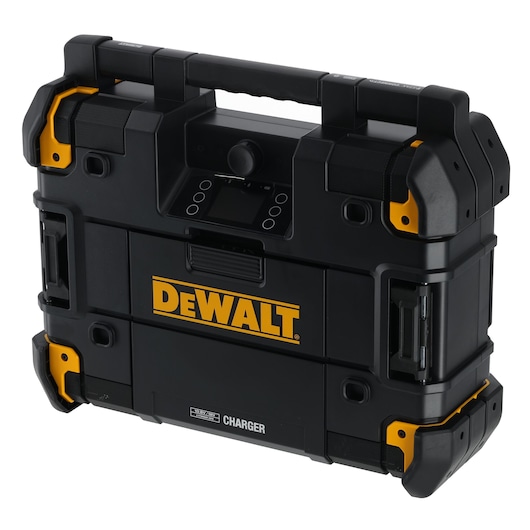DEWALT portable black and yellow toolbox with built-in charger and handle.