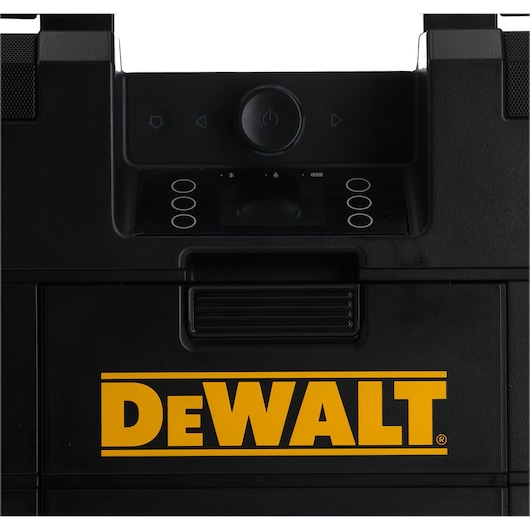 Front view of a DEWALT-branded black toolbox with control panel and yellow logo.