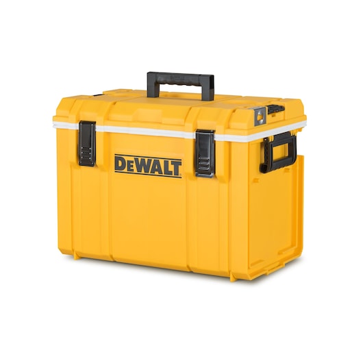 Yellow DEWALT toolbox with black handle and latches, designed for secure storage and easy transport of tools.