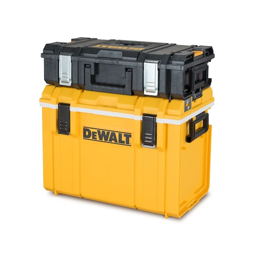 DEWALT yellow and black toolbox with secure latches, stacked with a smaller toolbox on top.