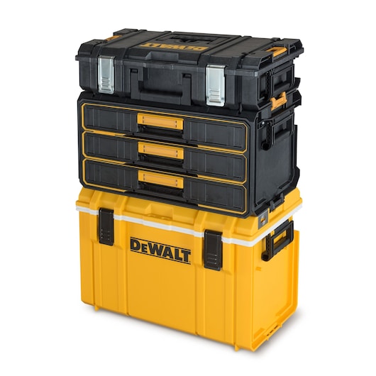 Stacked DEWALT storage boxes in yellow and black with drawers and sturdy latches, suitable for tools or accessories.