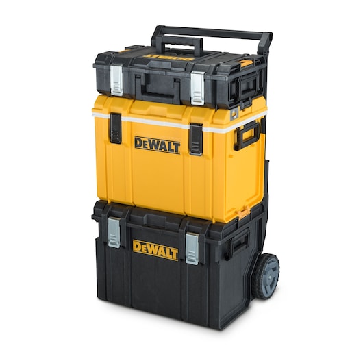 Stacked DEWALT toolboxes with wheels and handles, yellow and black, suitable for portable storage and transport.