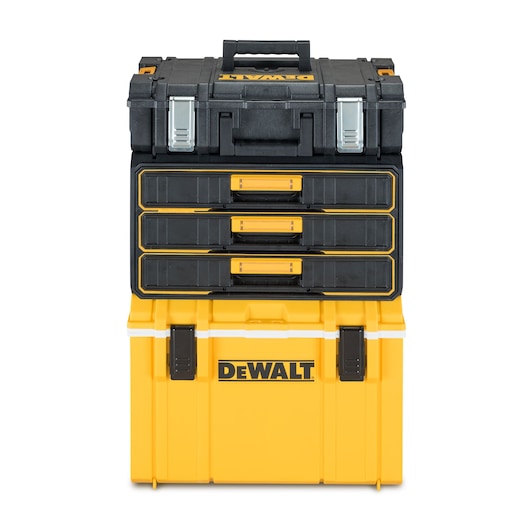 Stacked DEWALT tool storage boxes with drawers and latches, black and yellow, for organizing tools or accessories.