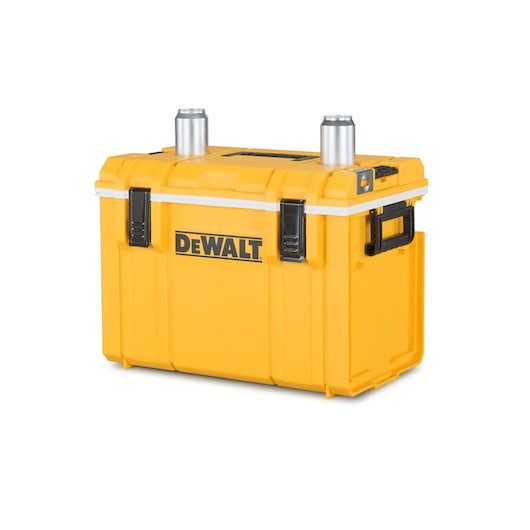 Yellow DEWALT storage box with black handles and locks, holding two cans on the top. Durable for worksite storage.