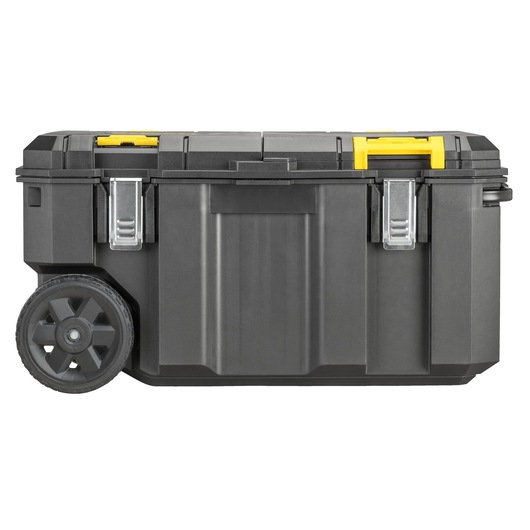 Large black DEWALT wheeled toolbox with metal latches and yellow handles, shown on a white background.