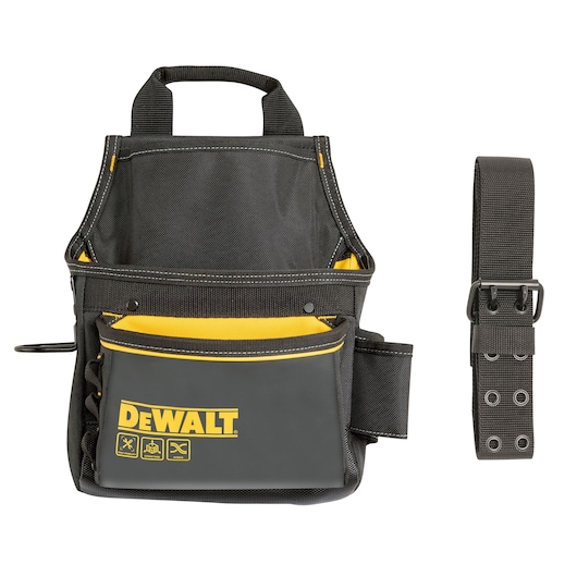 A DEWALT branded black and yellow tool pouch with multiple compartments and an adjustable black belt, designed for carrying tools.