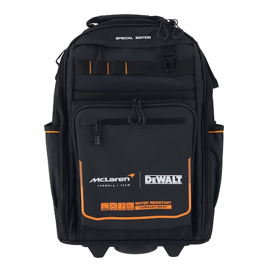 Black DEWALT McLaren backpack with orange trim, water-resistant compartment, special edition.