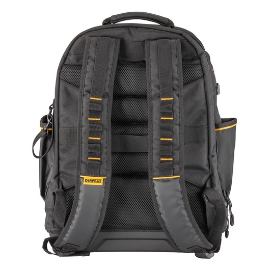 Rear view of a black DEWALT backpack with padded straps and yellow trim, designed for carrying tools or accessories.