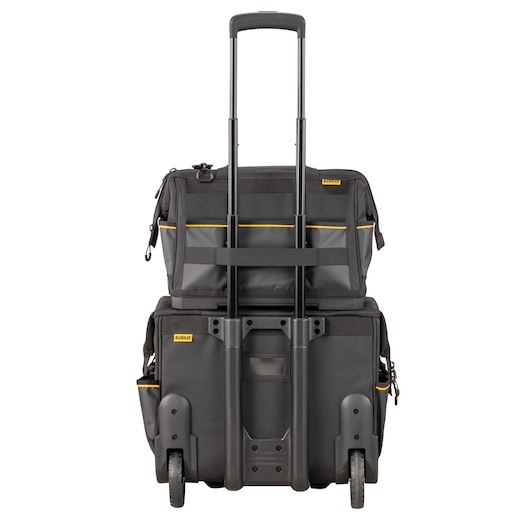 DEWALT rolling camera bag with telescopic handle and compartments, designed for photography gear transport.